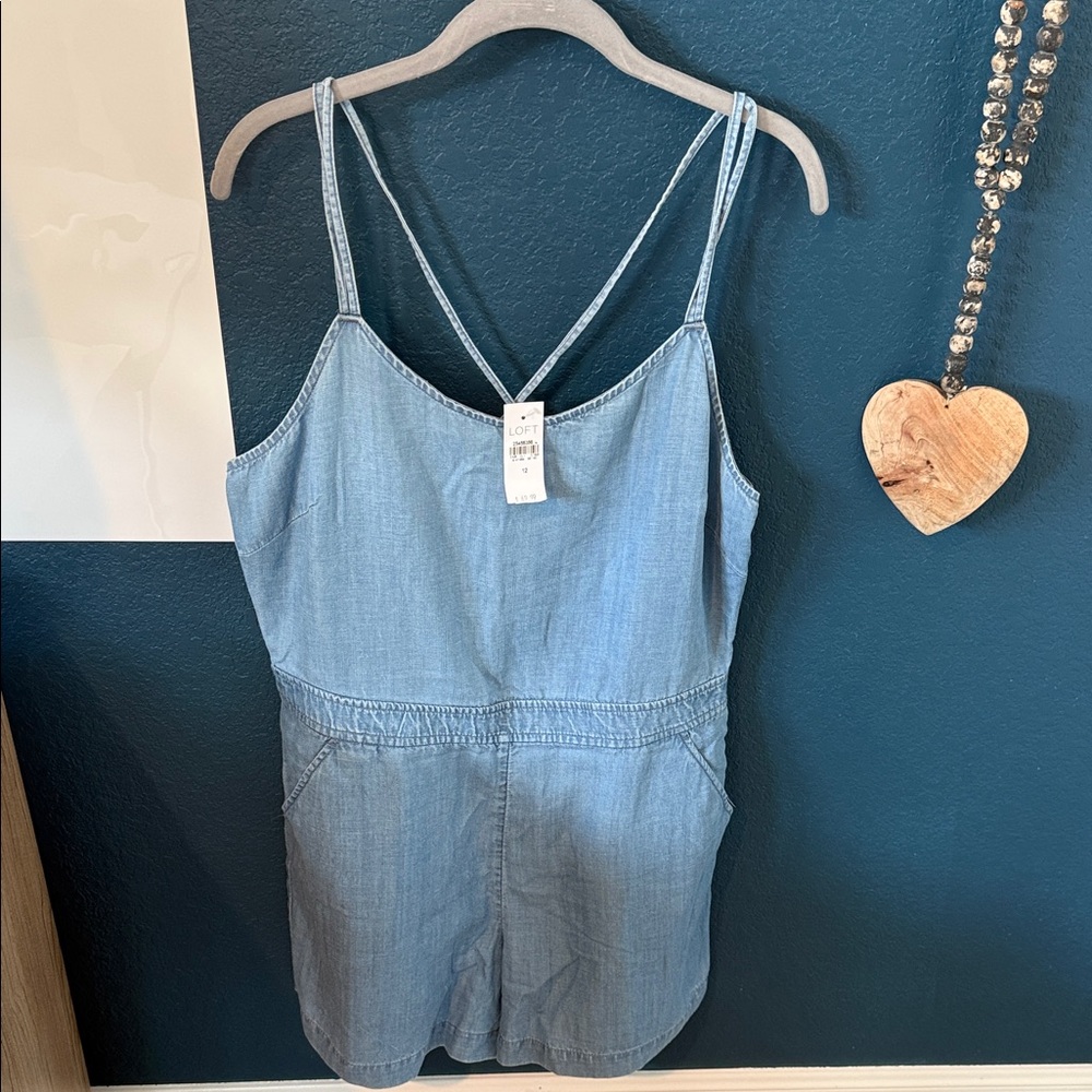 LOFT Light Blue Denim Romper with Crossback Straps